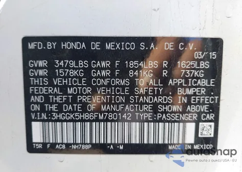 2015 Honda Fit Ex/Ex-L from USA, damaged, VIN 3HGGK5H86FM780142